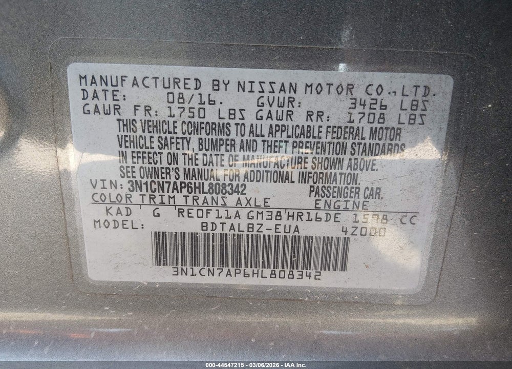 2017 NISSAN VERSA 1.6 S/1.6 S+/1.6 SL/1.6 SV VIN: 3N1CN7AP6HL808342
