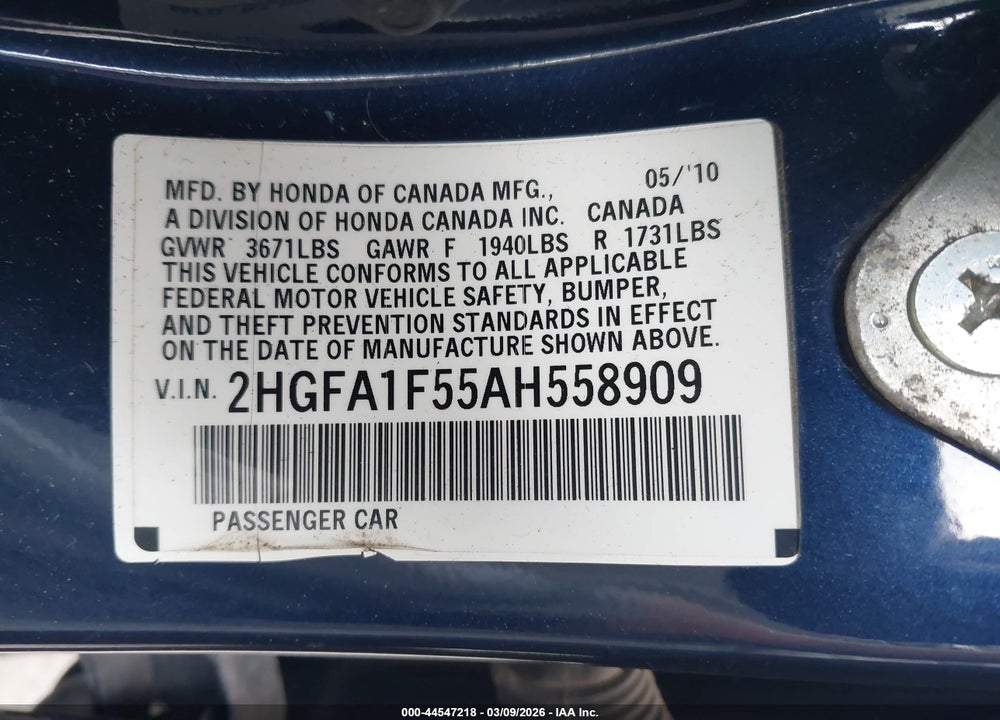 2010 HONDA CIVIC LX VIN: 2HGFA1F55AH558909