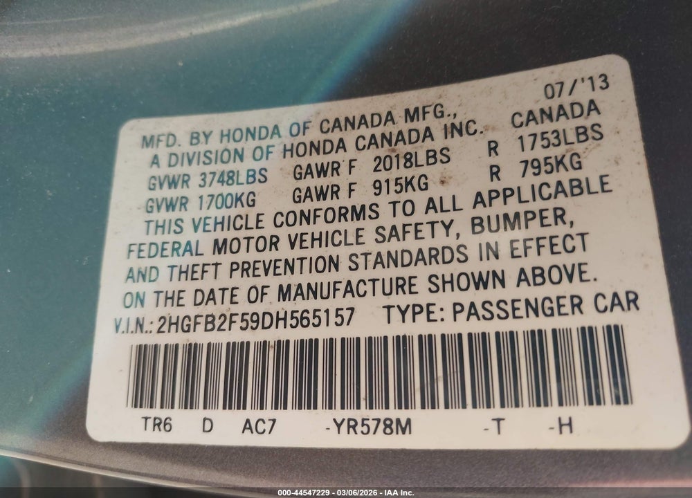 2013 HONDA CIVIC LX VIN: 2HGFB2F59DH565157