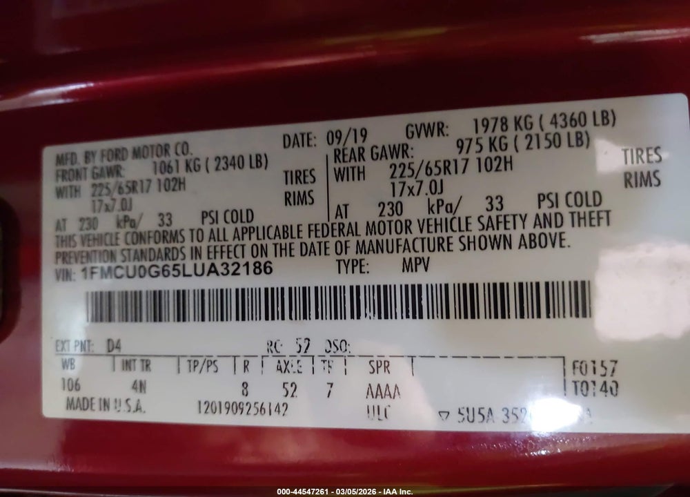 2020 FORD ESCAPE SE VIN: 1FMCU0G65LUA32186
