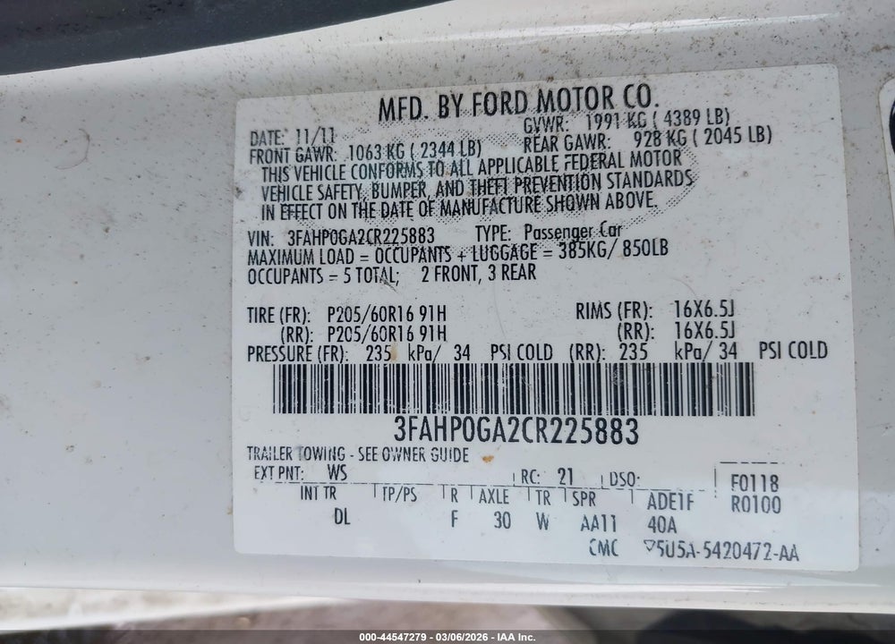 2012 FORD FUSION S VIN: 3FAHP0GA2CR225883