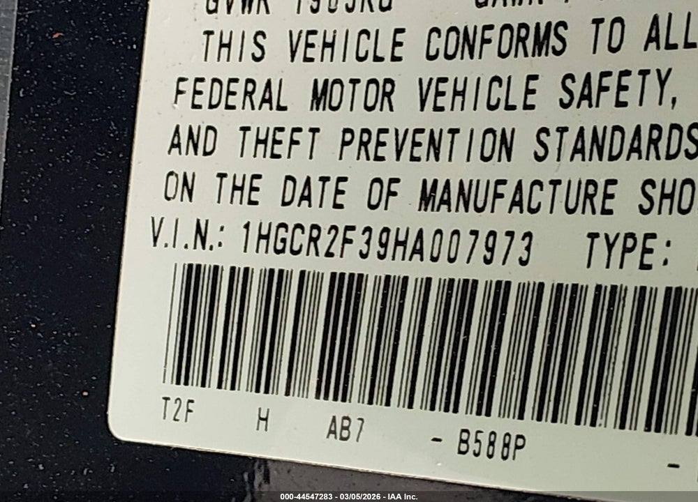 2017 HONDA ACCORD LX VIN: 1HGCR2F39HA007973