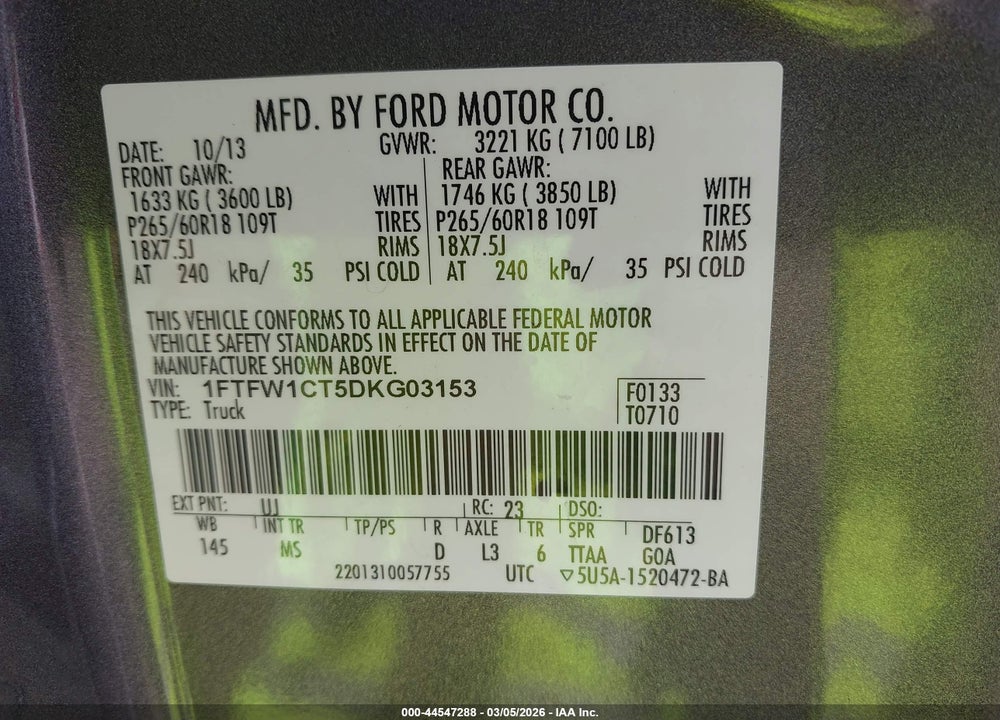2013 FORD F-150 XLT VIN: 1FTFW1CT5DKG03153