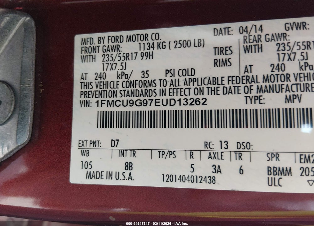 2014 FORD ESCAPE SE VIN: 1FMCU9G97EUD13262