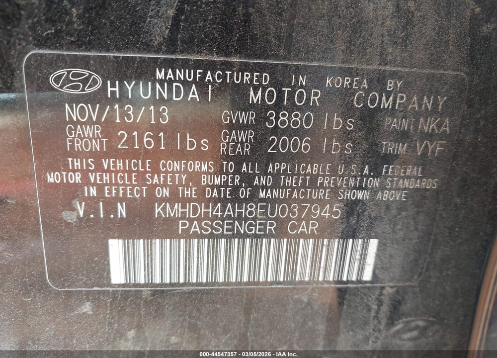 2014 HYUNDAI ELANTRA SPORT VIN: KMHDH4AH8EU037945