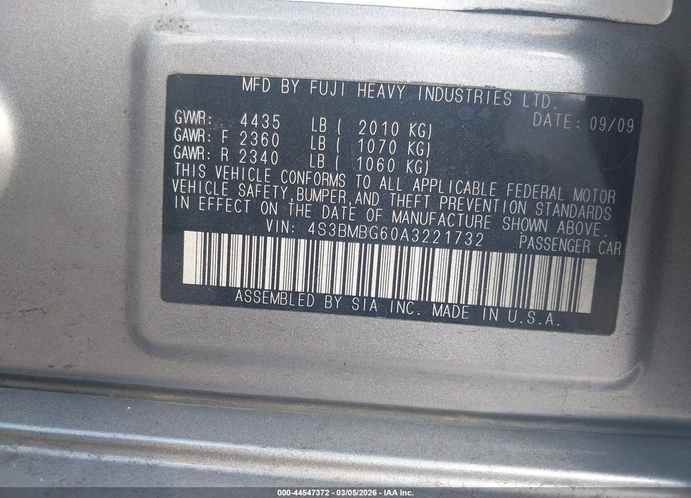 2010 SUBARU LEGACY 2.5I PREMIUM VIN: 4S3BMBG60A3221732