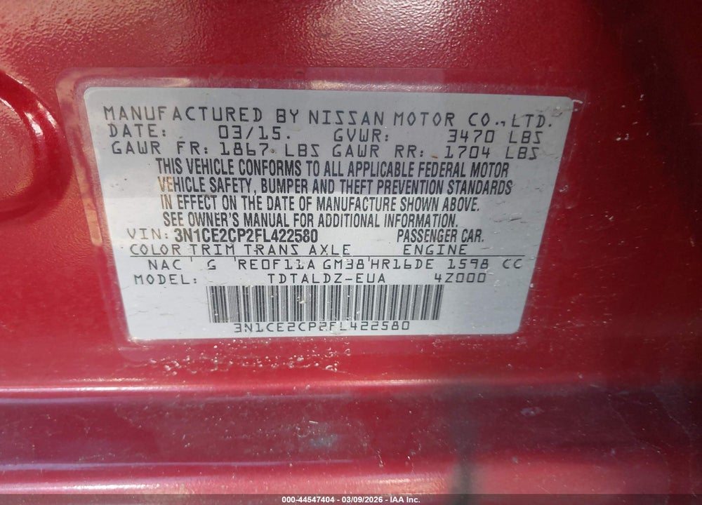 2015 NISSAN VERSA NOTE VIN: 3N1CE2CP2FL422580