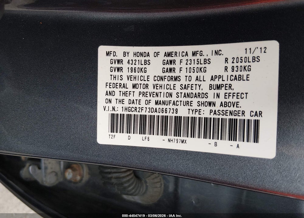 2013 HONDA ACCORD EX VIN: 1HGCR2F73DA066739