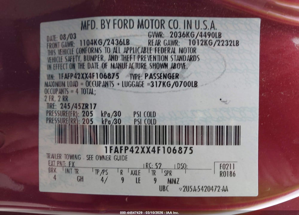 2004 FORD MUSTANG GT VIN: 1FAFP42XX4F106875