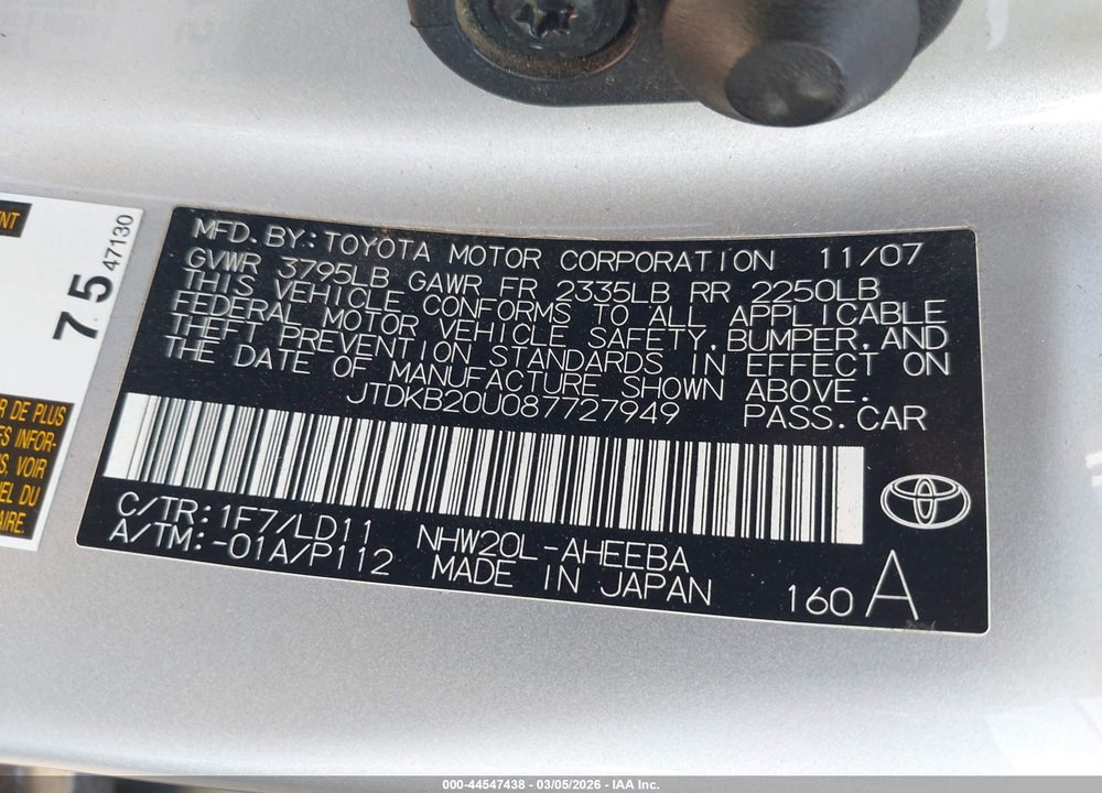 2008 TOYOTA PRIUS VIN: JTDKB20U087727949