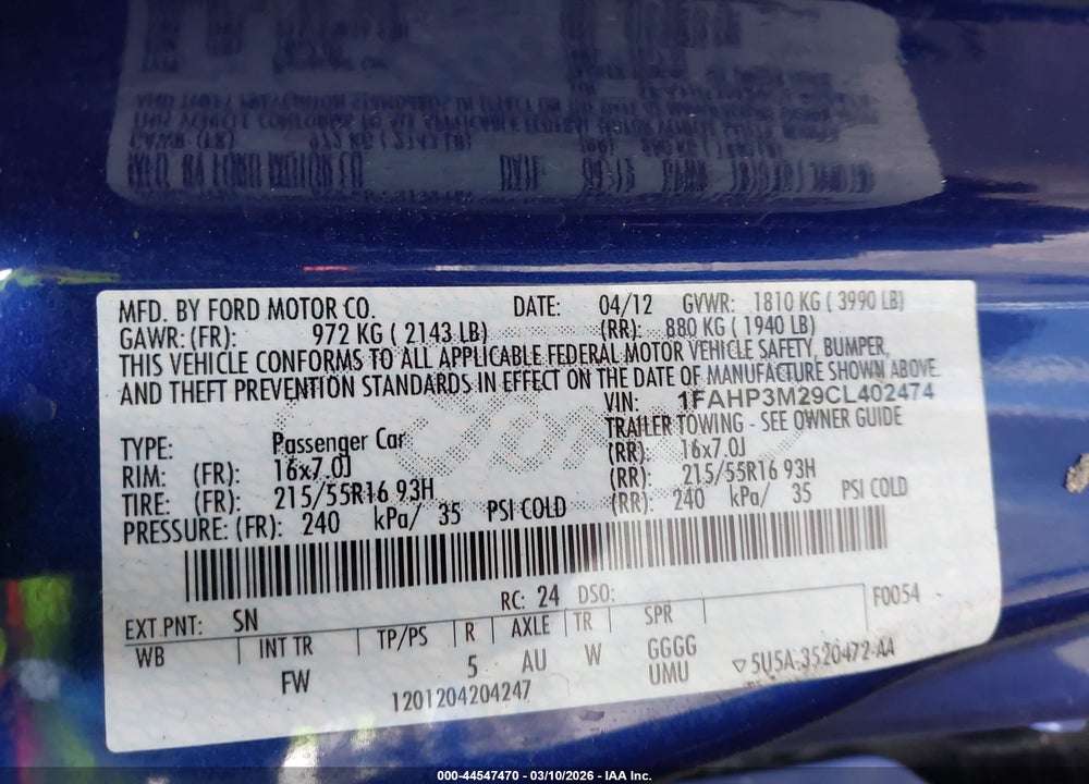 2012 FORD FOCUS SEL VIN: 1FAHP3M29CL402474