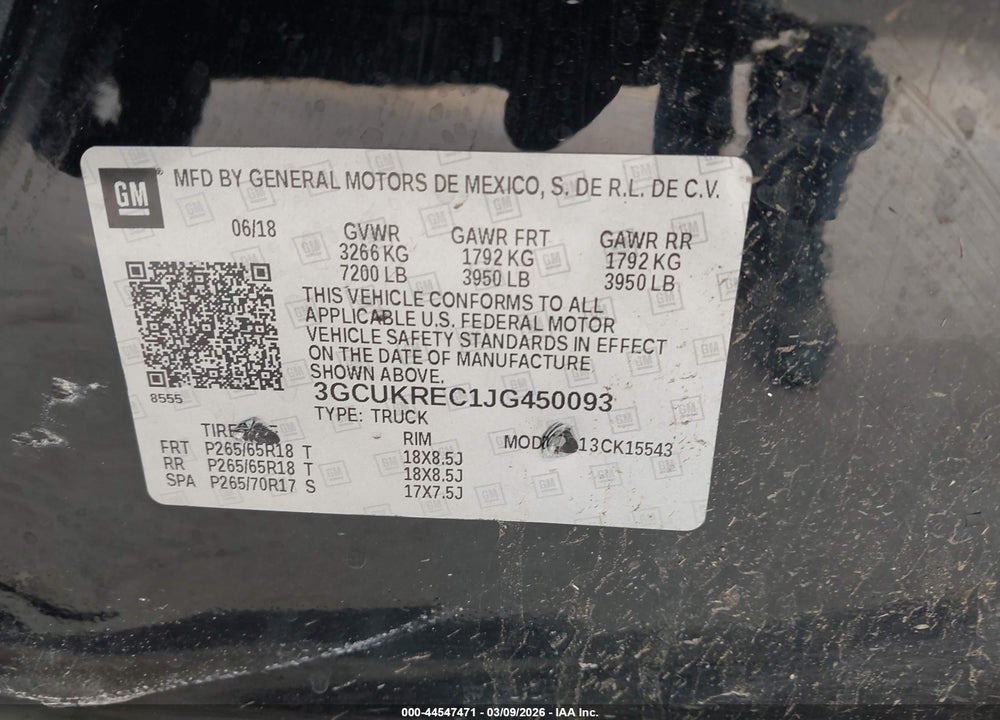 2018 CHEVROLET SILVERADO 1500 2LT VIN: 3GCUKREC1JG450093