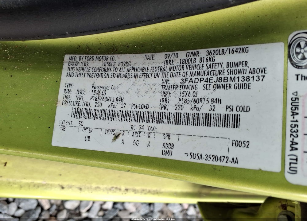 2011 FORD FIESTA SE VIN: 3FADP4EJ8BM138137