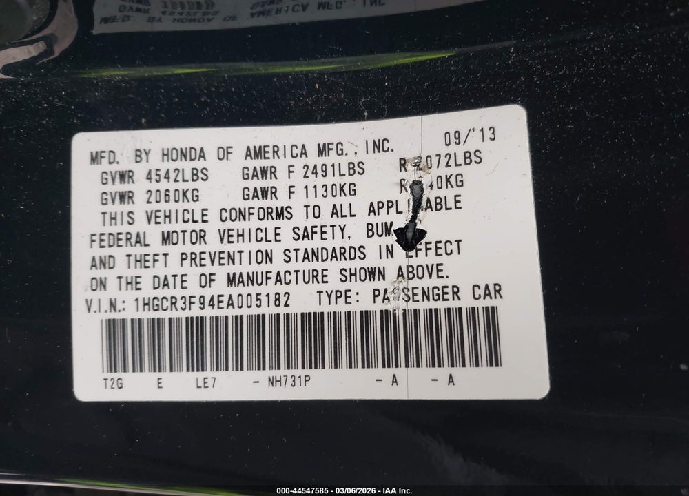 2014 HONDA ACCORD TOURING VIN: 1HGCR3F94EA005182