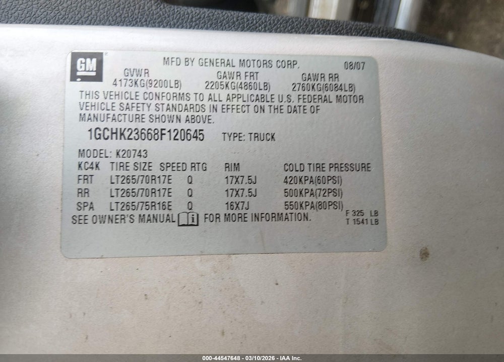 2008 CHEVROLET SILVERADO 2500HD LT2 VIN: 1GCHK23668F120645