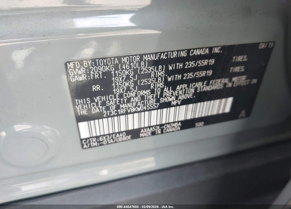 2019 TOYOTA RAV4 XLE PREMIUM VIN: 2T3C1RFV8KW045557