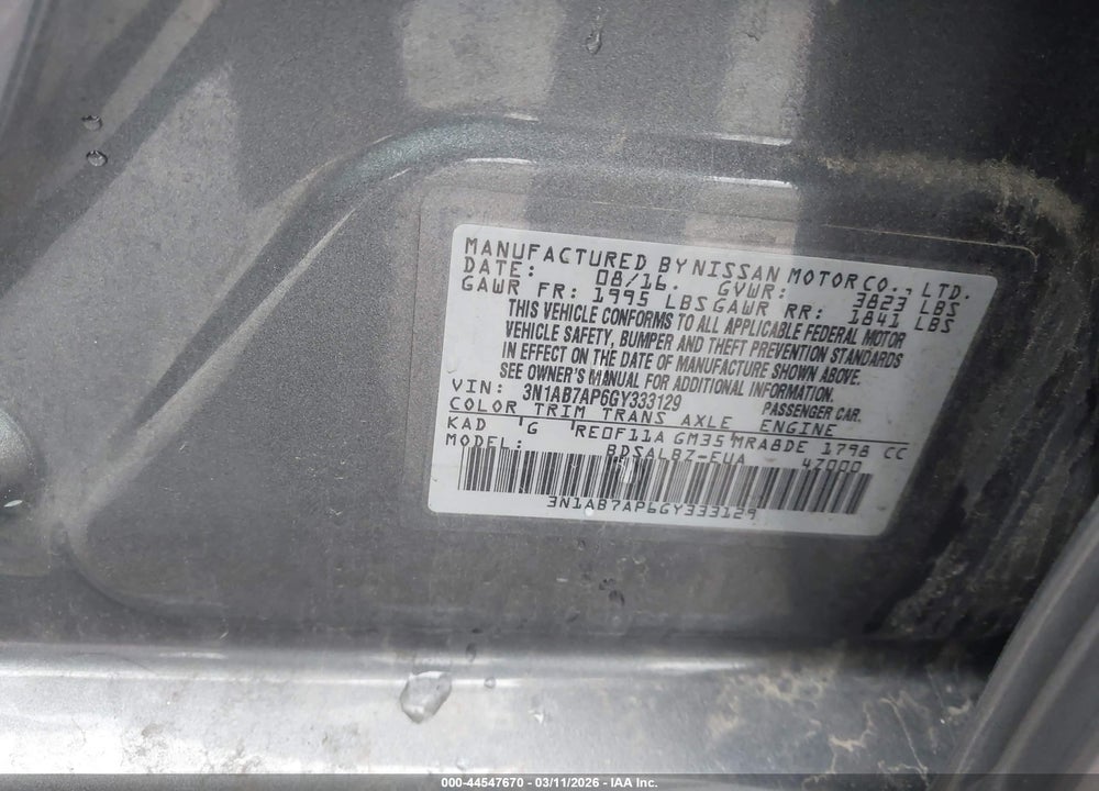 2016 NISSAN SENTRA S VIN: 3N1AB7AP6GY333129