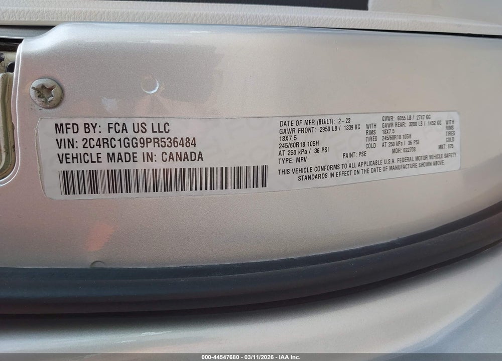2023 CHRYSLER PACIFICA LIMITED VIN: 2C4RC1GG9PR536484