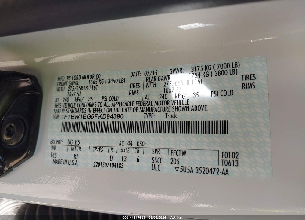 2015 FORD F-150 KING RANCH VIN: 1FTEW1EG5FKD94396