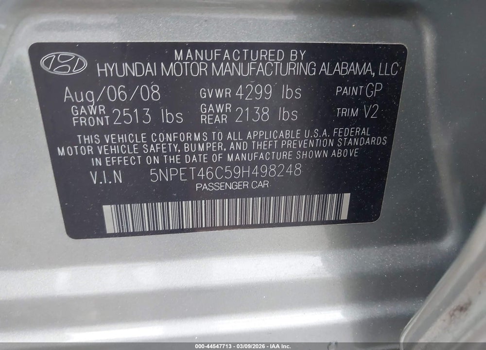 2009 HYUNDAI SONATA GLS VIN: 5NPET46C59H498248