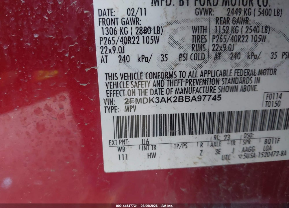 2011 FORD EDGE SPORT VIN: 2FMDK3AK2BBA97745
