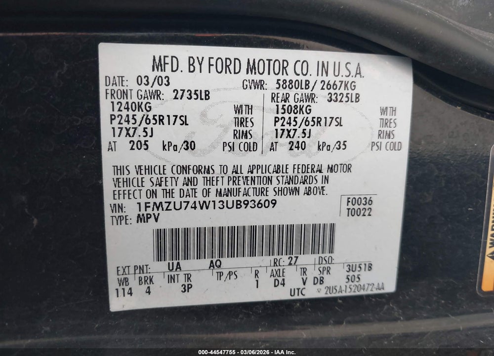 2003 FORD EXPLORER EDDIE BAUER VIN: 1FMZU74W13UB93609