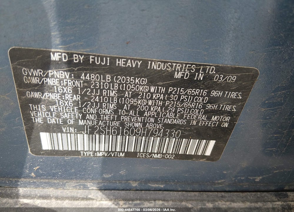 2009 SUBARU FORESTER 2.5X VIN: JF2SH61609H794330