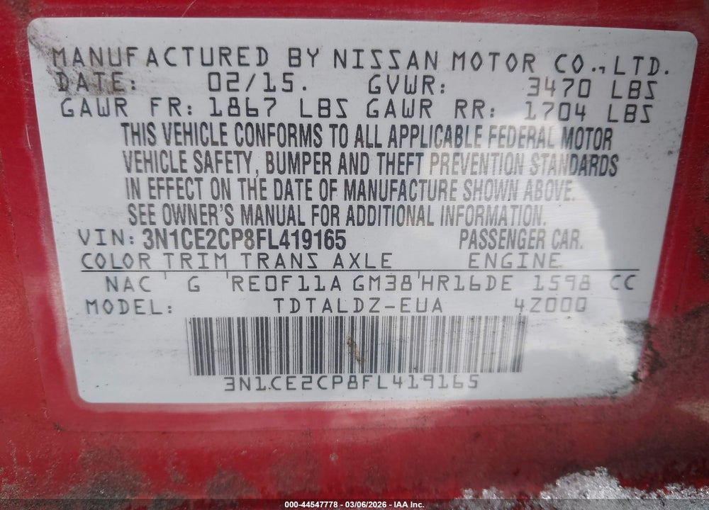 2015 NISSAN VERSA NOTE S (SR)/S PLUS/SL/SR/SV VIN: 3N1CE2CP8FL419165