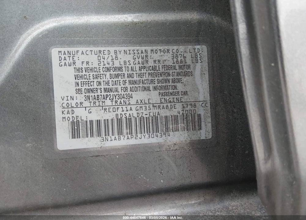 2018 NISSAN SENTRA SV VIN: 3N1AB7AP2JY304394