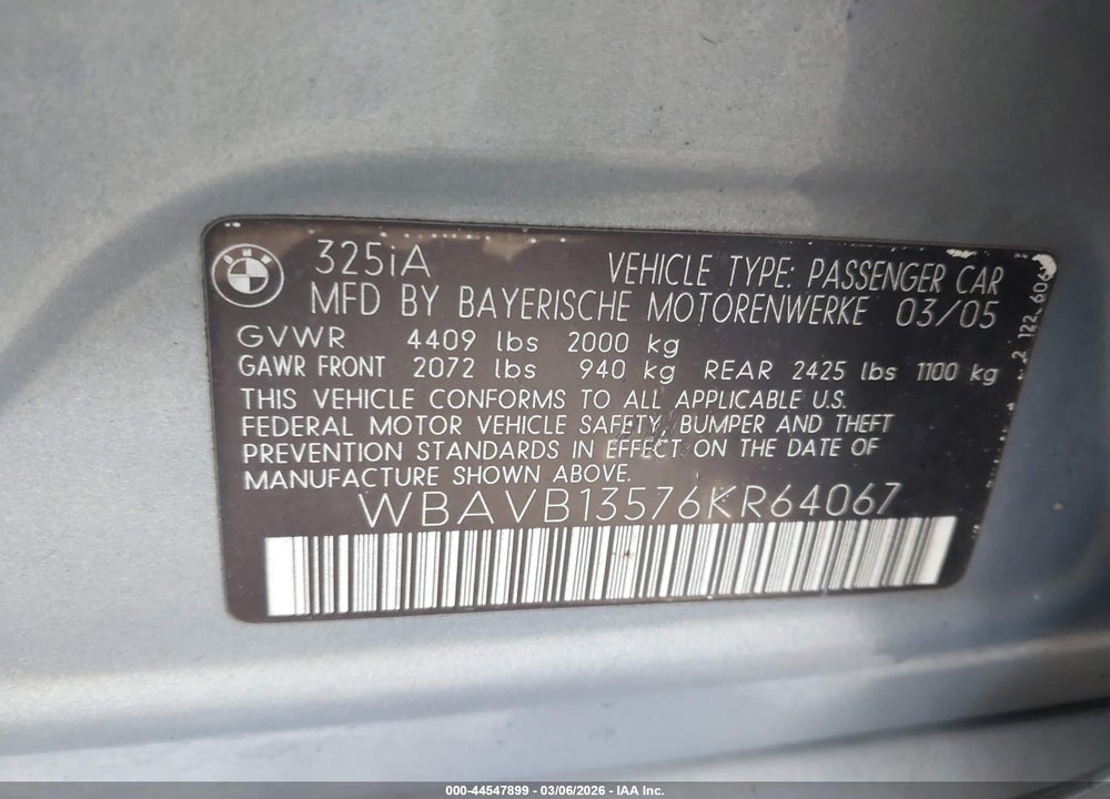 2006 BMW 325I VIN: WBAVB13576KR64067