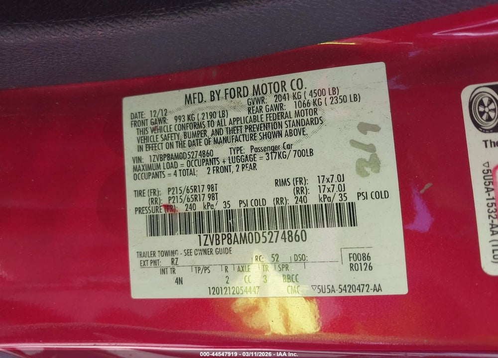 2013 FORD MUSTANG V6 PREMIUM VIN: 1ZVBP8AM0D5274860
