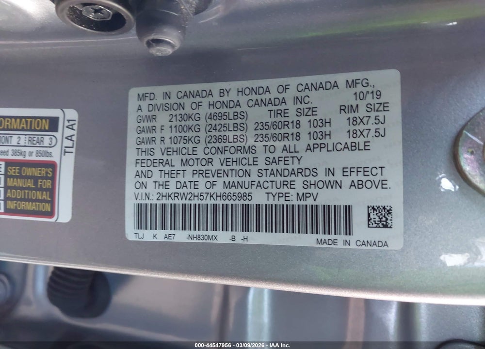 2019 HONDA CR-V EX VIN: 2HKRW2H57KH665985