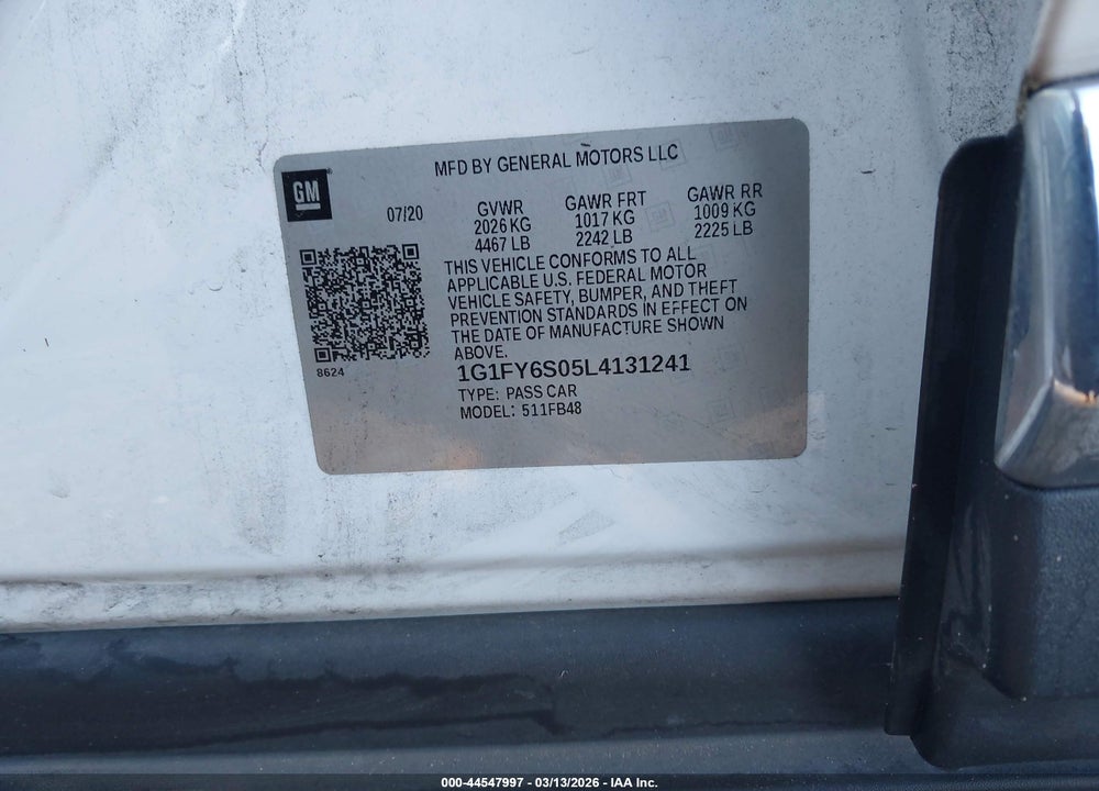 2020 CHEVROLET BOLT EV FWD LT VIN: 1G1FY6S05L4131241