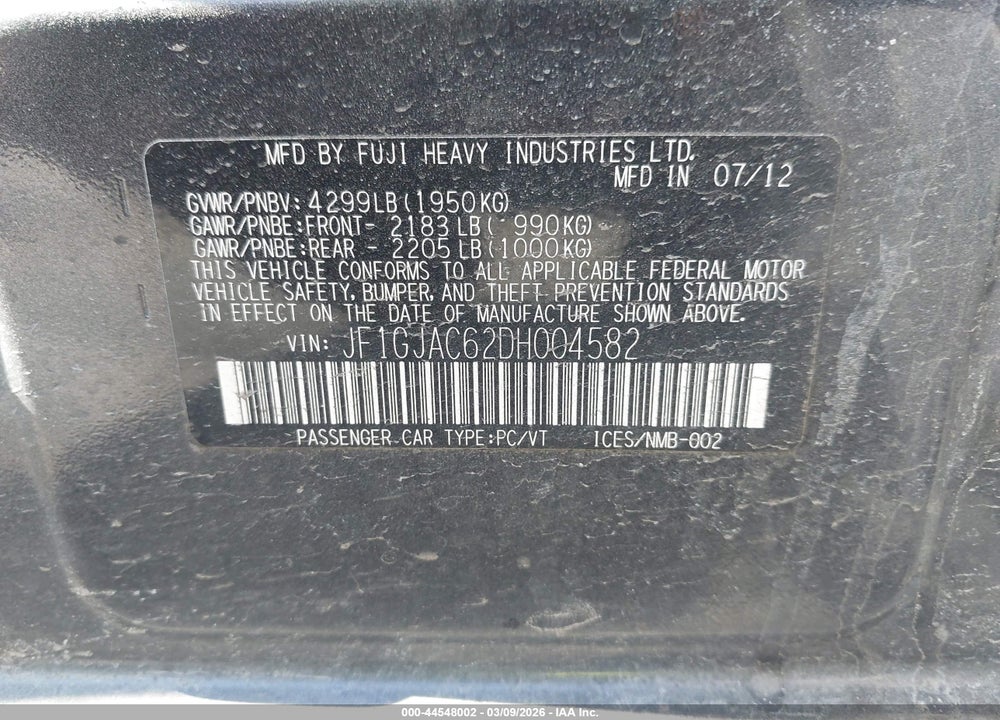 2013 SUBARU IMPREZA 2.0I PREMIUM VIN: JF1GJAC62DH004582
