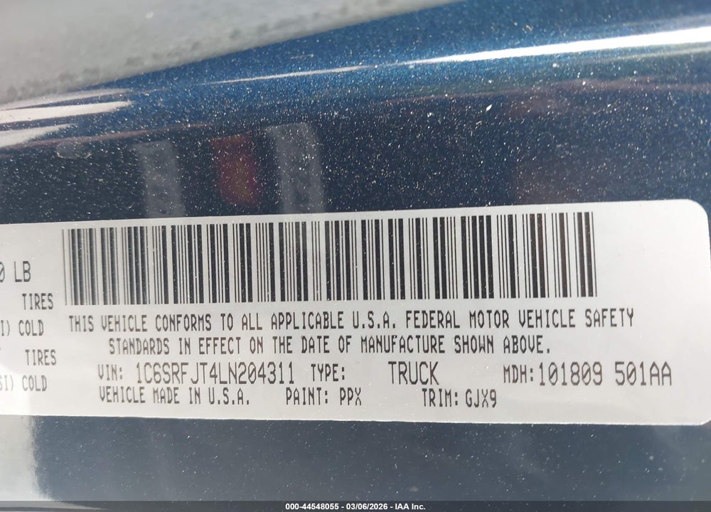 2020 RAM 1500 LAIE  4X4 5'7 BOX VIN: 1C6SRFJT4LN204311