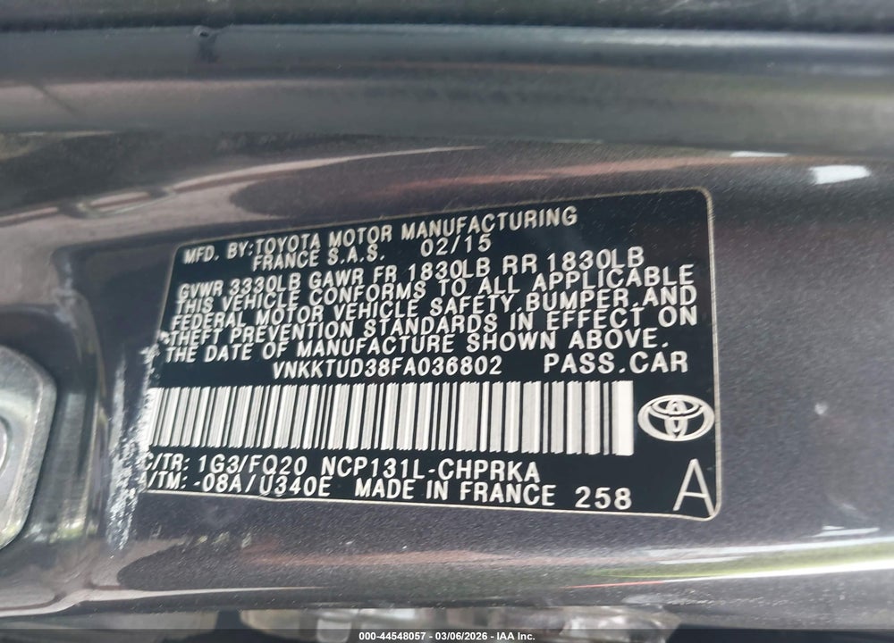 2015 TOYOTA YARIS L VIN: VNKKTUD38FA036802