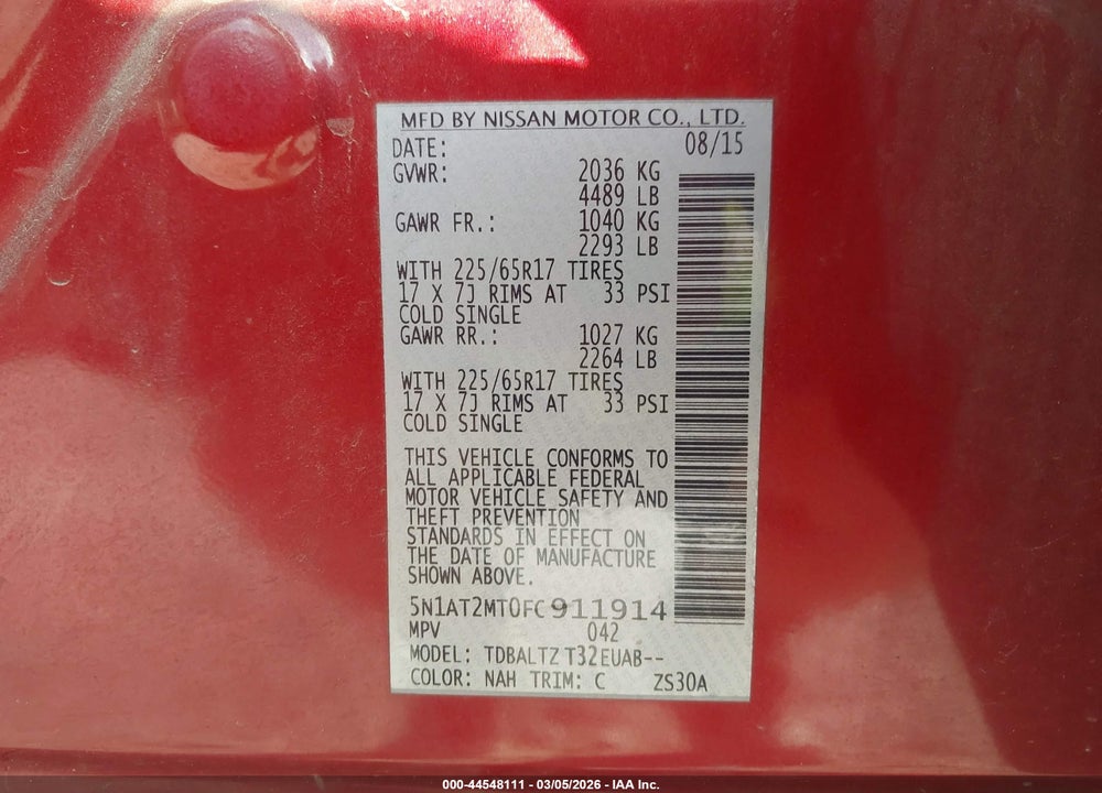 2015 NISSAN ROGUE S/SL/SV VIN: 5N1AT2MT0FC911914