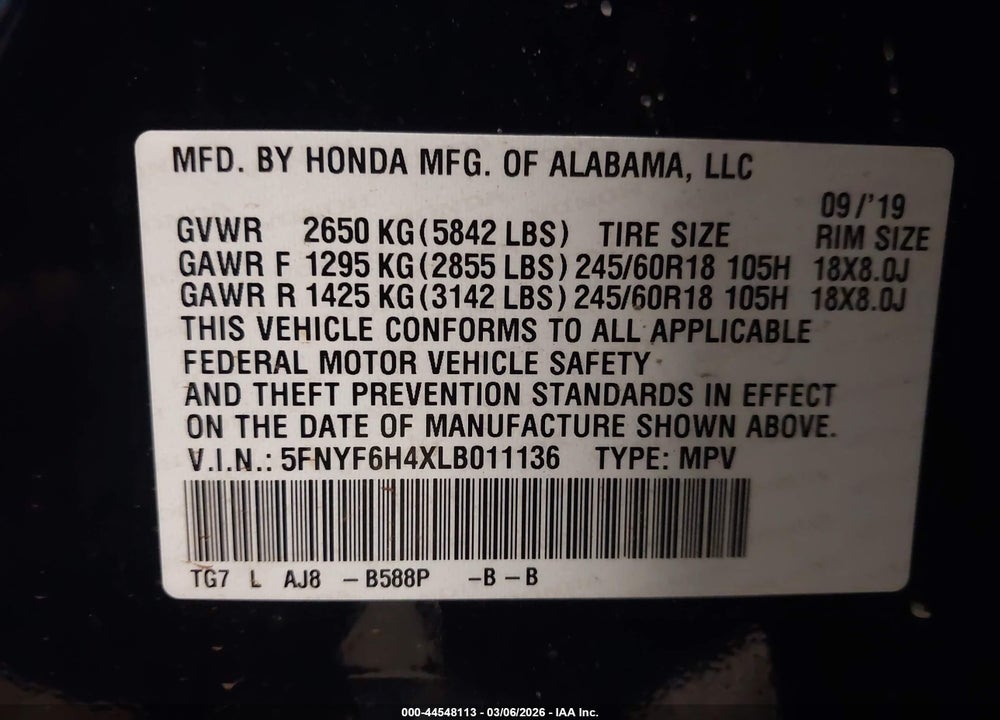2020 HONDA PILOT AWD EX-L W/NAVI VIN: 5FNYF6H4XLB011136