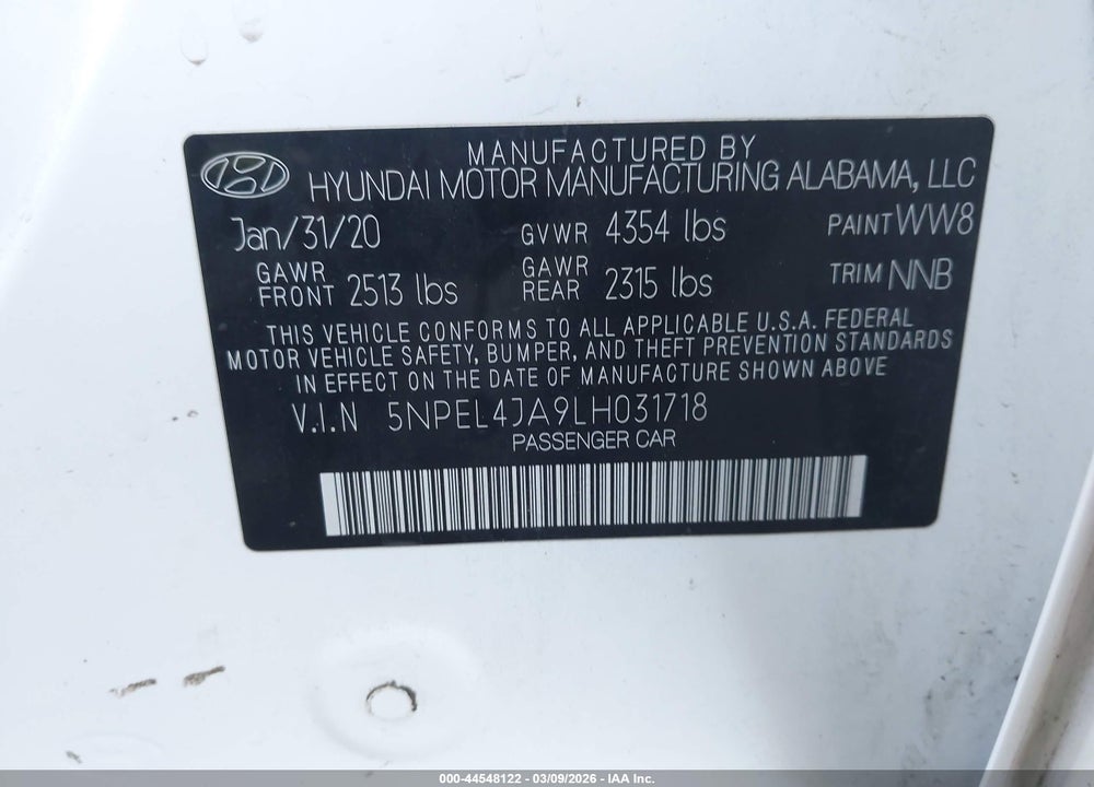 2020 HYUNDAI SONATA SEL VIN: 5NPEL4JA9LH031718