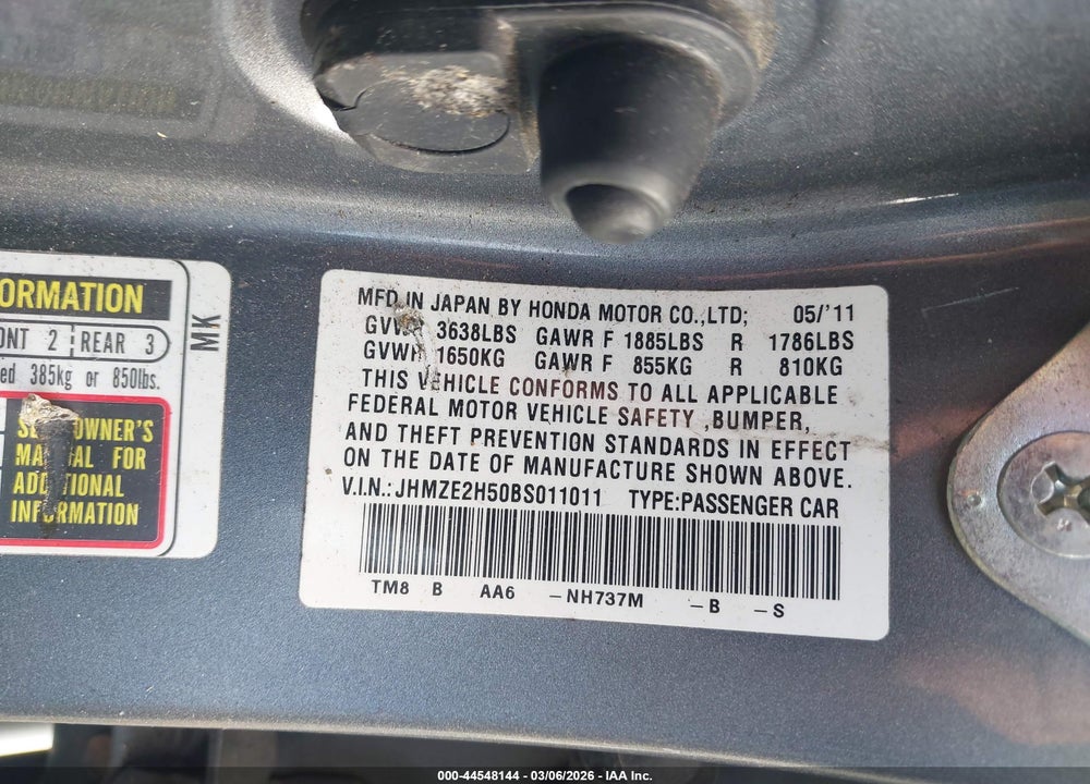 2011 HONDA INSIGHT LX VIN: JHMZE2H50BS011011