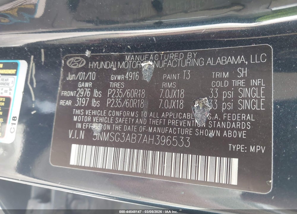 2010 HYUNDAI SANTA FE GLS VIN: 5NMSG3AB7AH396533