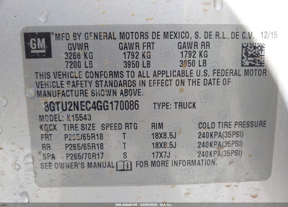 2016 GMC SIERRA 1500 SLT VIN: 3GTU2NEC4GG170086