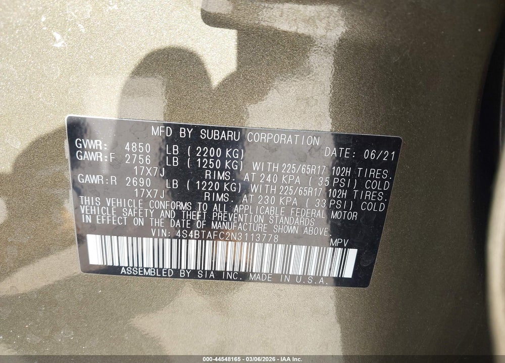 2022 SUBARU OUTBACK PREMIUM VIN: 4S4BTAFC2N3113778