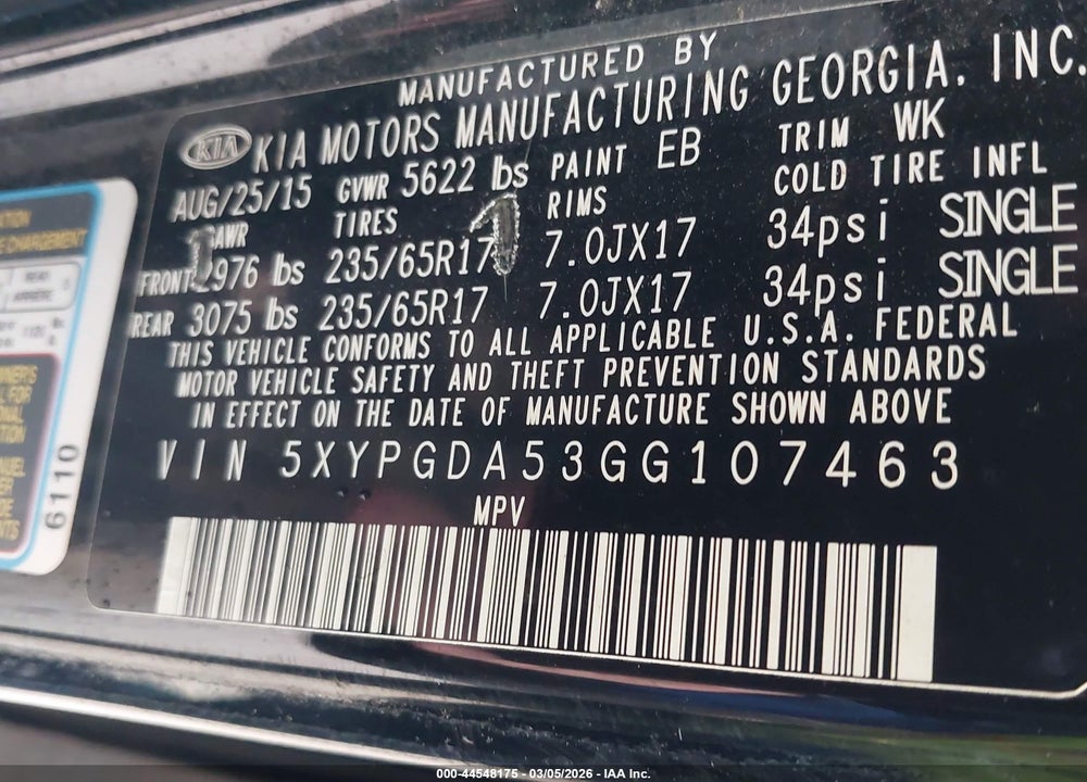 2016 KIA SORENTO 3.3L LX VIN: 5XYPGDA53GG107463