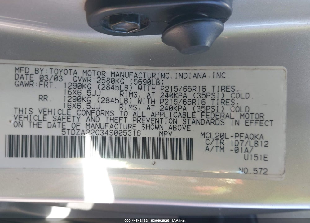 2004 TOYOTA SIENNA XLE VIN: 5TDZA22C34S005316