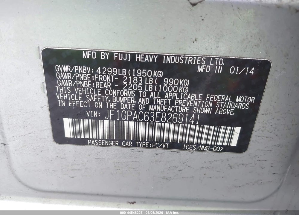 2014 SUBARU IMPREZA 2.0I PREMIUM VIN: JF1GPAC63E8269141