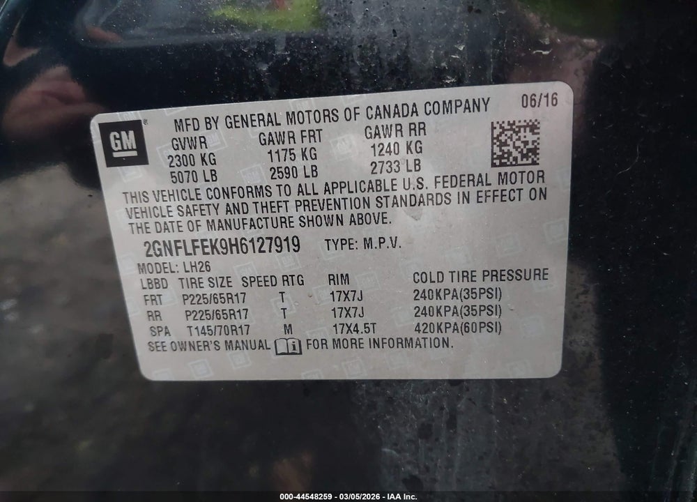 2017 CHEVROLET EQUINOX LT VIN: 2GNFLFEK9H6127919