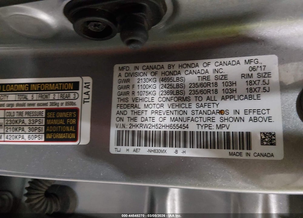 2017 HONDA CR-V EX VIN: 2HKRW2H52HH655454