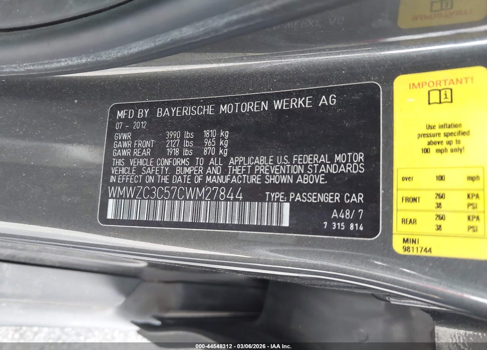 2012 MINI COOPER S COUNTRYMAN VIN: WMWZC3C57CWM27844