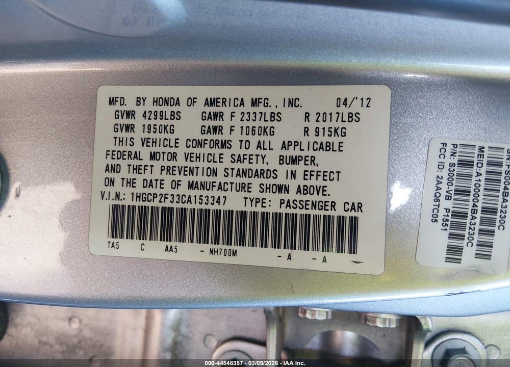 2012 HONDA ACCORD 2.4 LX VIN: 1HGCP2F33CA153347